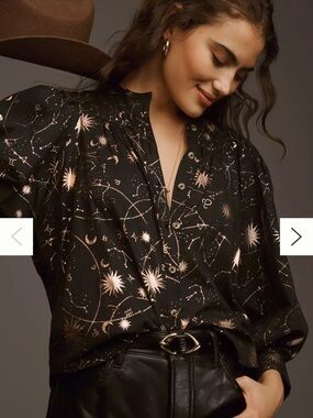 Anthropologie Maeve Celestial Femme Buttondown Blouse Black & Gold Small